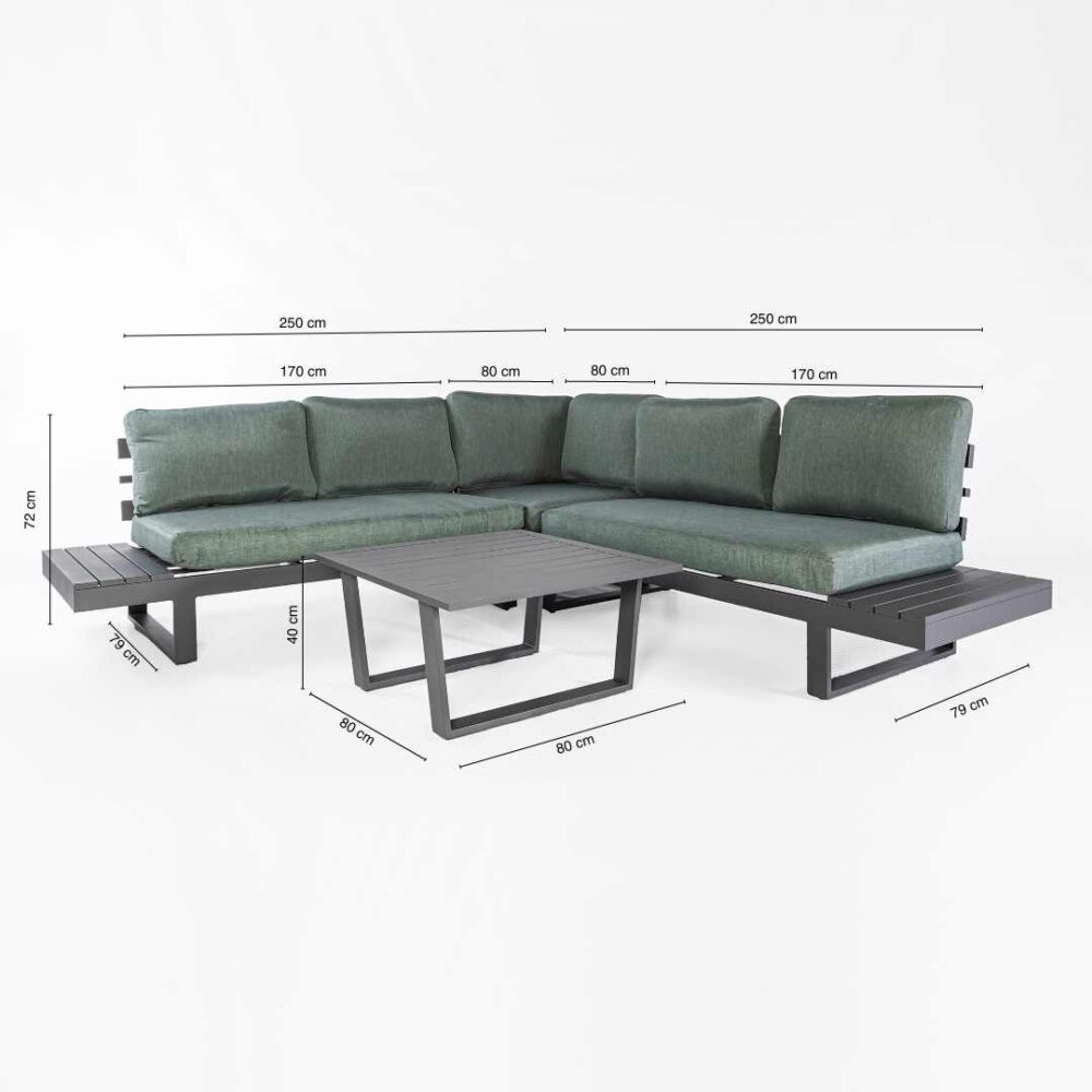 Medidas Conjunto jardín SOFIA: 2 sofás y 1 sillón esquinero más mesa de centro. Diseño elegante en aluminio gris antracita con cojines verdes.
