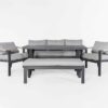 Set de jardín de alum. de 1 sofá de 3 plazas+2 sillones+1 banco y 1 mesa de comedor. Incluye cojines desenfundables lavables.