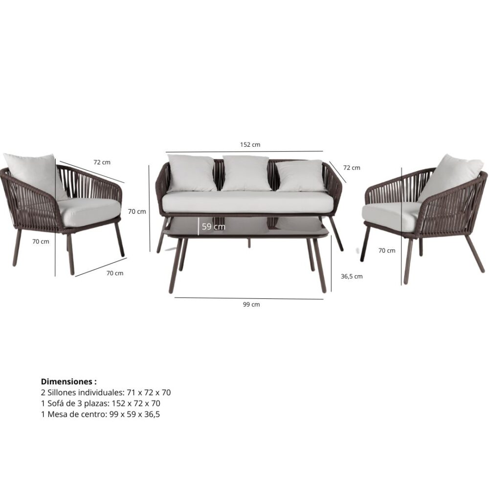 Conjunto Jardín DALI - Muebles de Aluminio con Cojines de Poliéster - Sofá 3 Plazas, 2 Sillones y Mesa Diseño moderno y comodidad para tu jardín TransConjunto Jardín DALI, un s Características principales: Estructura de aluminio: Lig Cojines de poliéster de 25 mm: Dimensiones exactas: Sillones individuales: 71 x 72 x 70 cm. Sofá de 3 plazas: 152 x 72 x 70 cm. Mesa de centro: 99 x 59 x 36,5 cm. Diseño funcional y estético: Un acabado moderno que se adapta a cualquier decoración. EAN: 84365921369279 Ventajas del Conjunto Jardín DALI: Durabilidad y resistencia: Fabricado en aluminio para soportar las condiciones climáticas más exigentes. Estilo contemporáneo: Ideal para quienes buscan un toque moderno en sus espacios exteriores. Fácil mantenimiento: Cojines lavables y estructura sin necesidad de cuidados especiales. Este Conjunto Jardín DALI es la elección perfecta para disfrutar momentos inolvidables al aire libre, ya sea con familiares o amigos. Su diseño ergonómico y materiales de alta calidad garantizan comodidad y durabilidad a lo largo del tiempo.