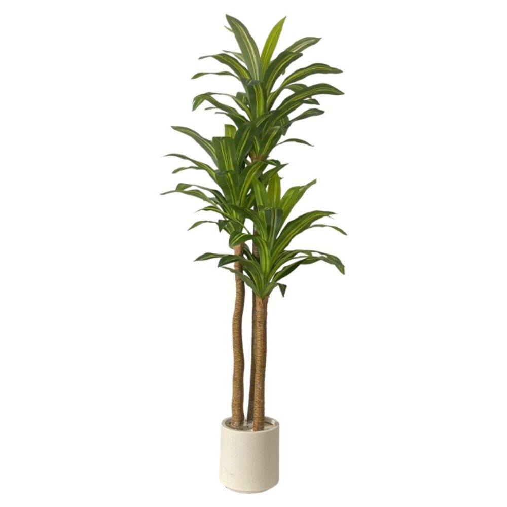 Planta artificial Dracaena de 180 cm con hojas realistas en tonos verdes y tronco robusto, ideal para decoración de interiores.