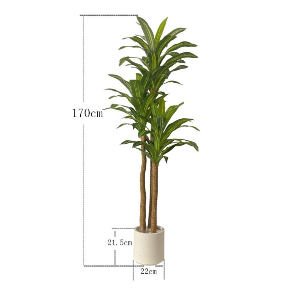 Planta artificial Dracaena de 180 cm con hojas realistas en tonos verdes y tronco robusto, ideal para decoración de interiores.